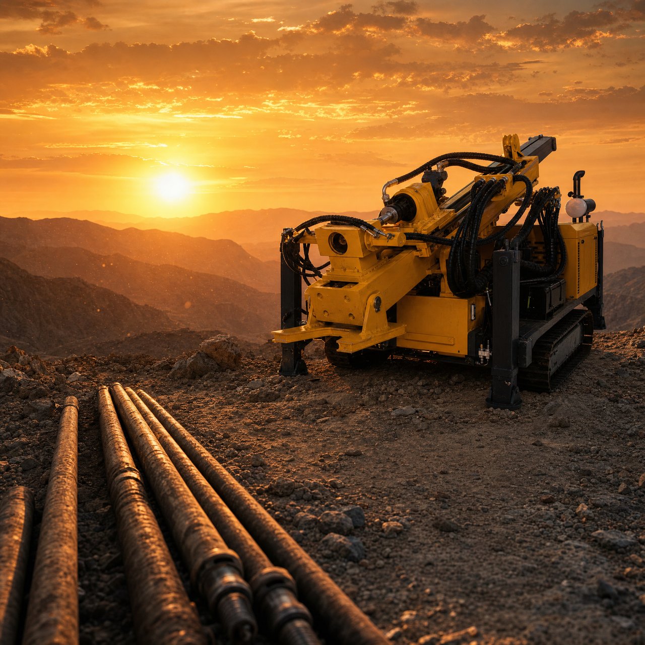 Sonda sobre esteiras em frente de mineração na hora dourada
