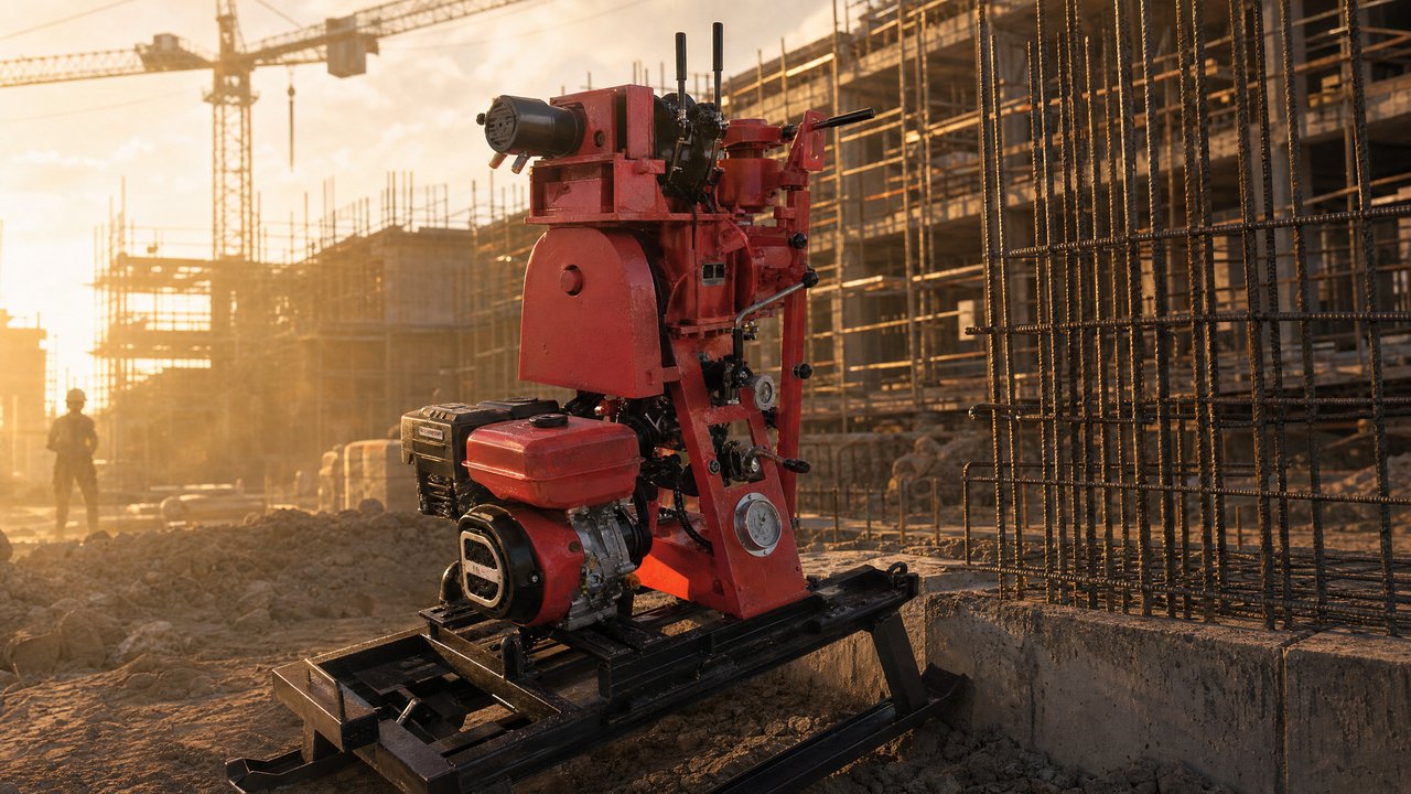 Sonda KNK KN-50 em operação em canteiro urbano ao pôr do sol, com estrutura de obra ao fundo